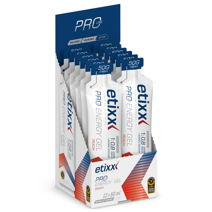 Etixx Pro Line Caffeine Energy Gel 12-pack — mango flavour endurance sports gel for marathon cycling and triathlon